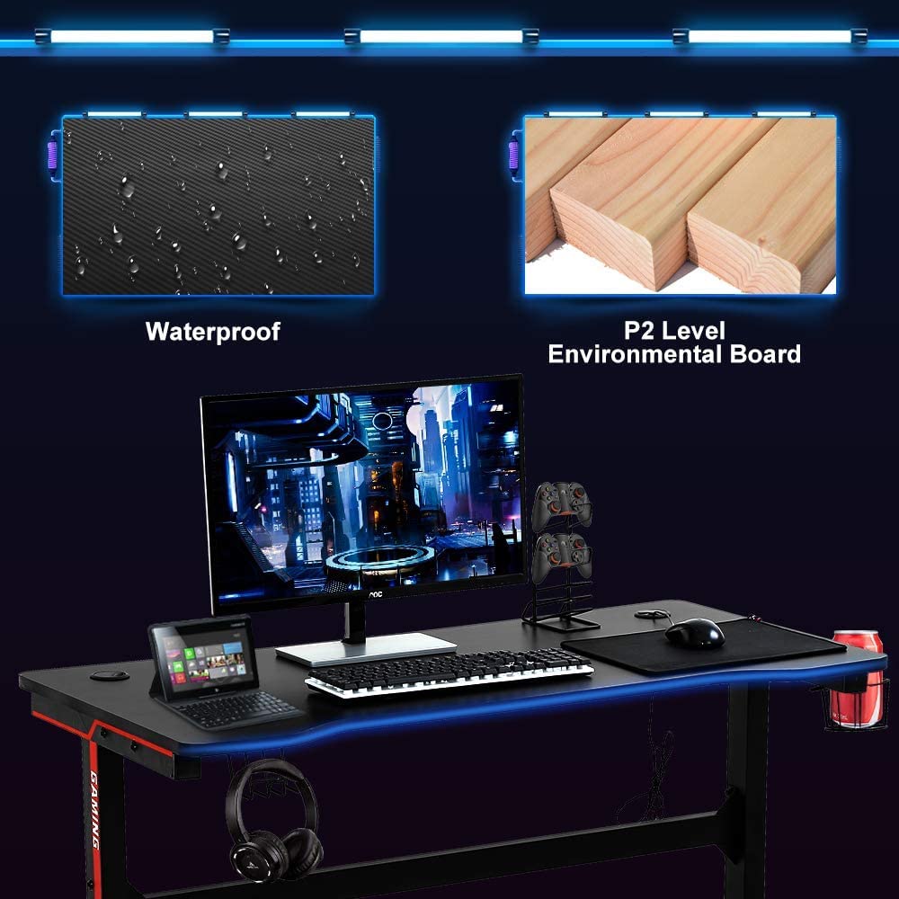 47 Inch T-Shaped Gaming Desk with Headphone Hook and Cup Holder R94628