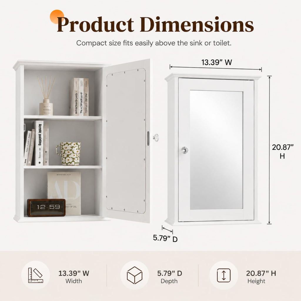 White Mirrored Medicine Cabinet with Single Door and 2 Adjustable Shelves P180009