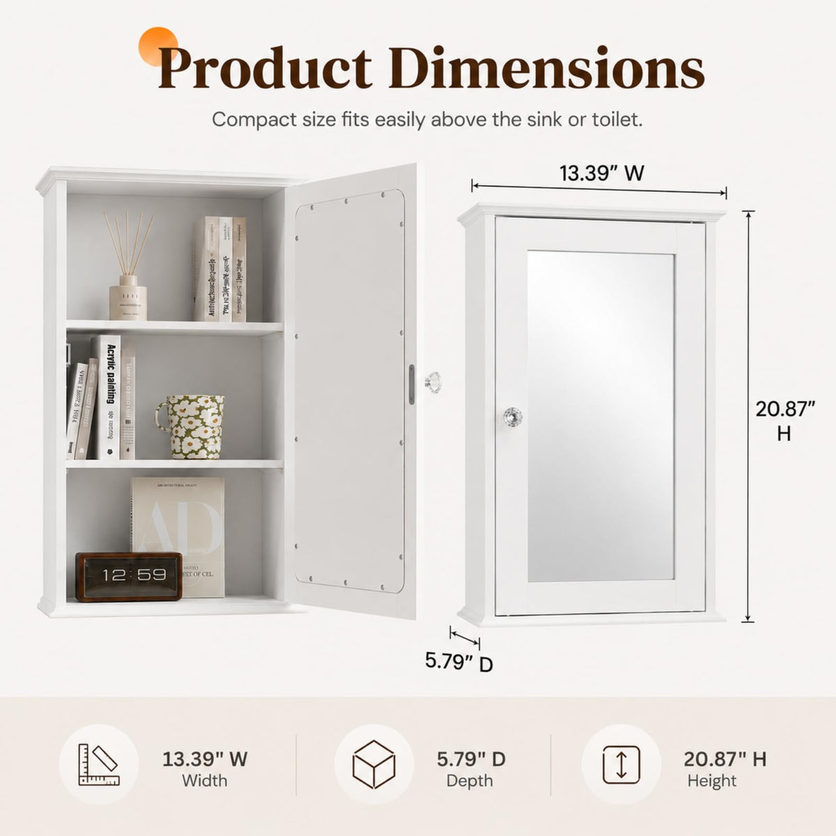 White Mirrored Medicine Cabinet with Single Door and 2 Adjustable Shelves P180009