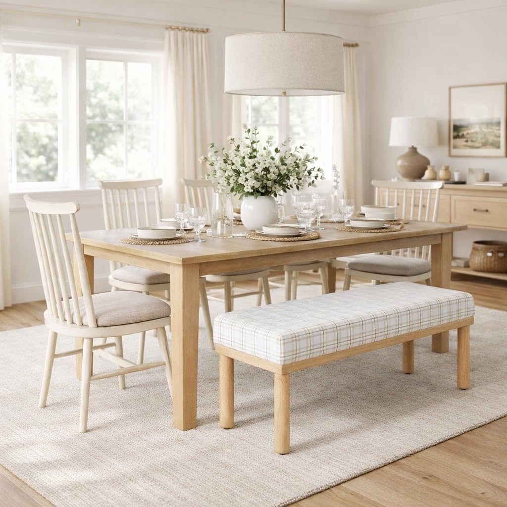 Natural Plaid Woven Fabric Bench F523