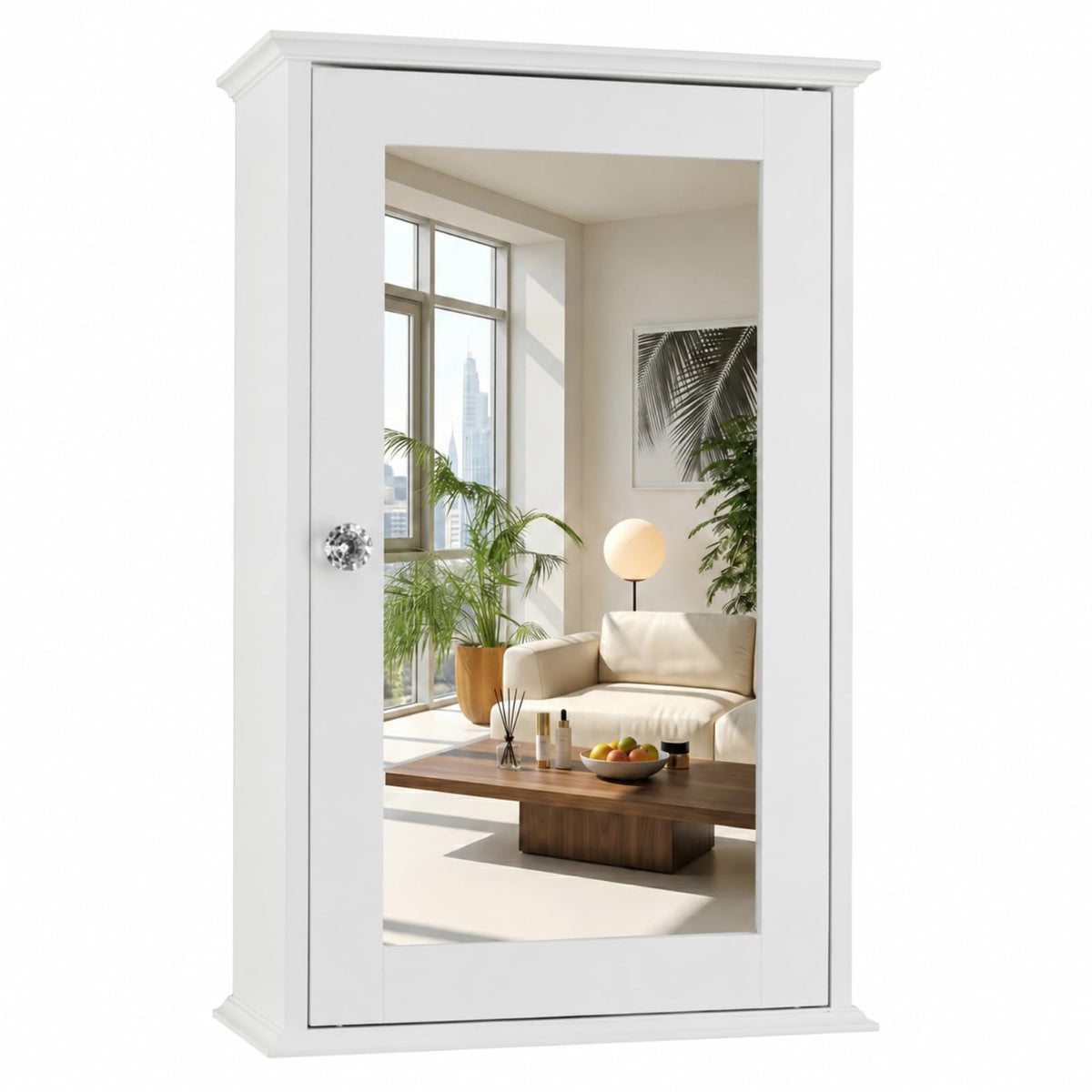 White Mirrored Medicine Cabinet with Single Door and 2 Adjustable Shelves P180009