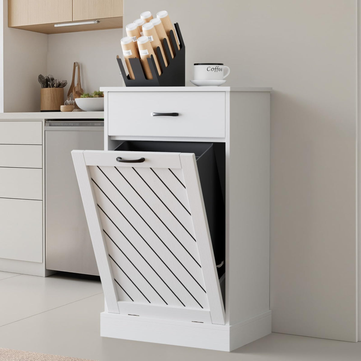 White 13 Gallon Tilt Out Wooden Trash Can Cabinet with Drawer Y895255