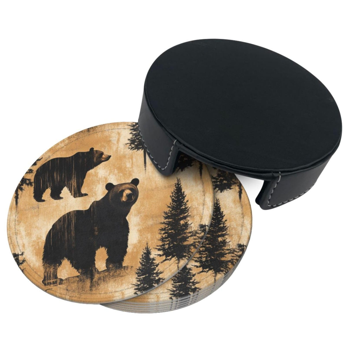 Black Leather Coasters with Holder Q737