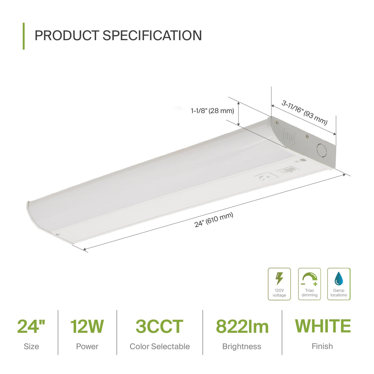 24 inch 12W Dimmable LED Under Cabinet Lighting 2 Pack B939