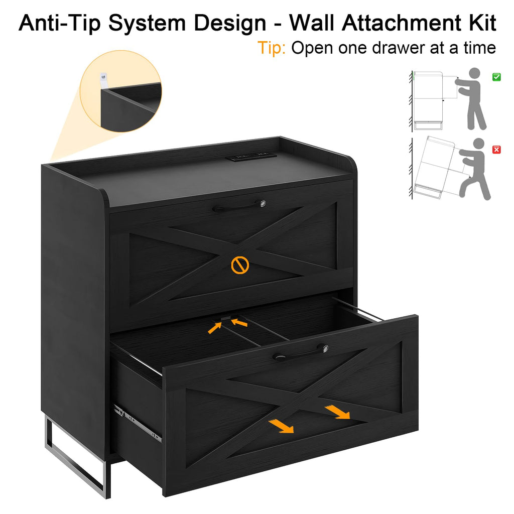 2 Drawer Black Lateral File Cabinet with Charging Station K550098