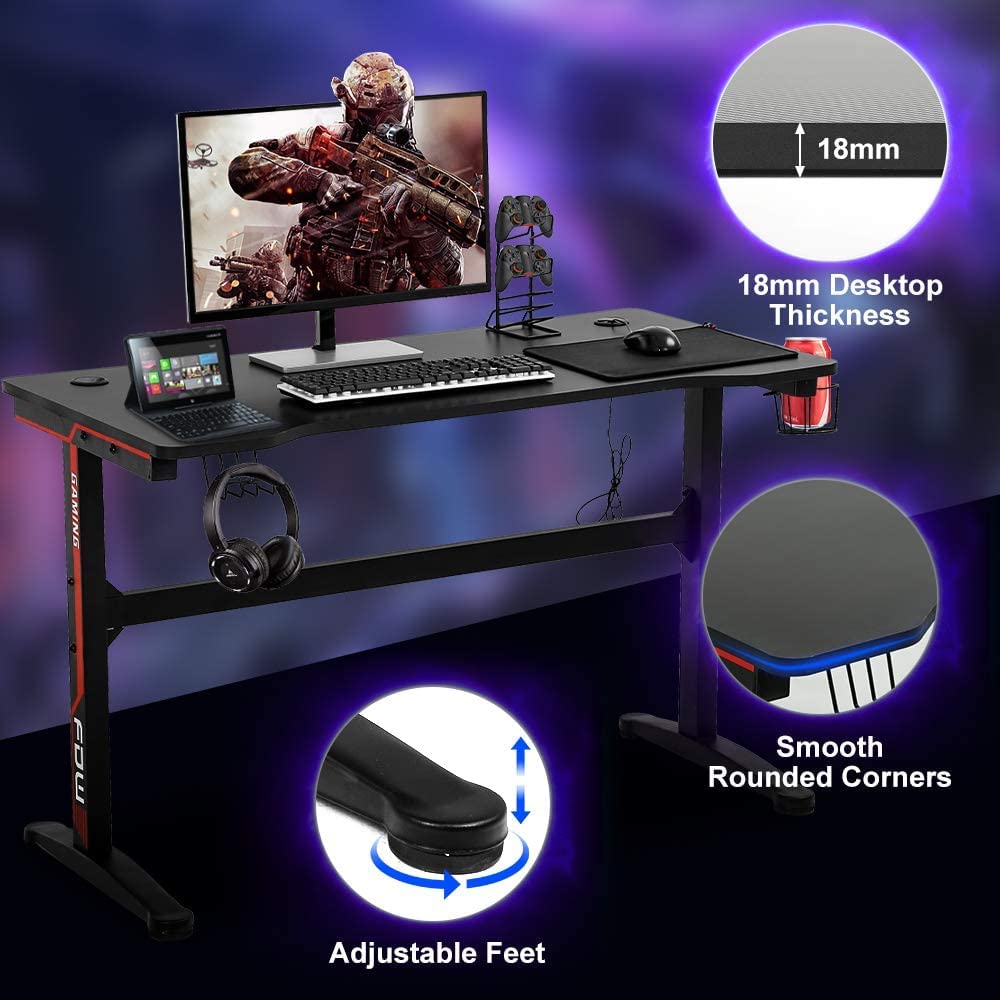 47 Inch T-Shaped Gaming Desk with Headphone Hook and Cup Holder R94628