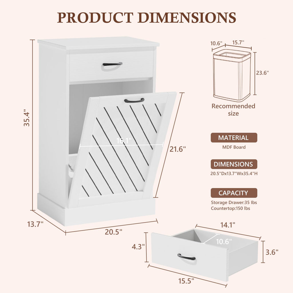 White 13 Gallon Tilt Out Wooden Trash Can Cabinet with Drawer Y895255