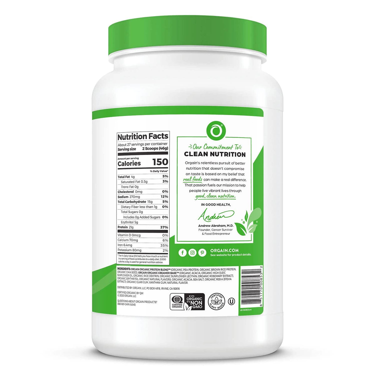 Organic Plant Based Protein Powder Vanilla Bean 2.74 lb I639886