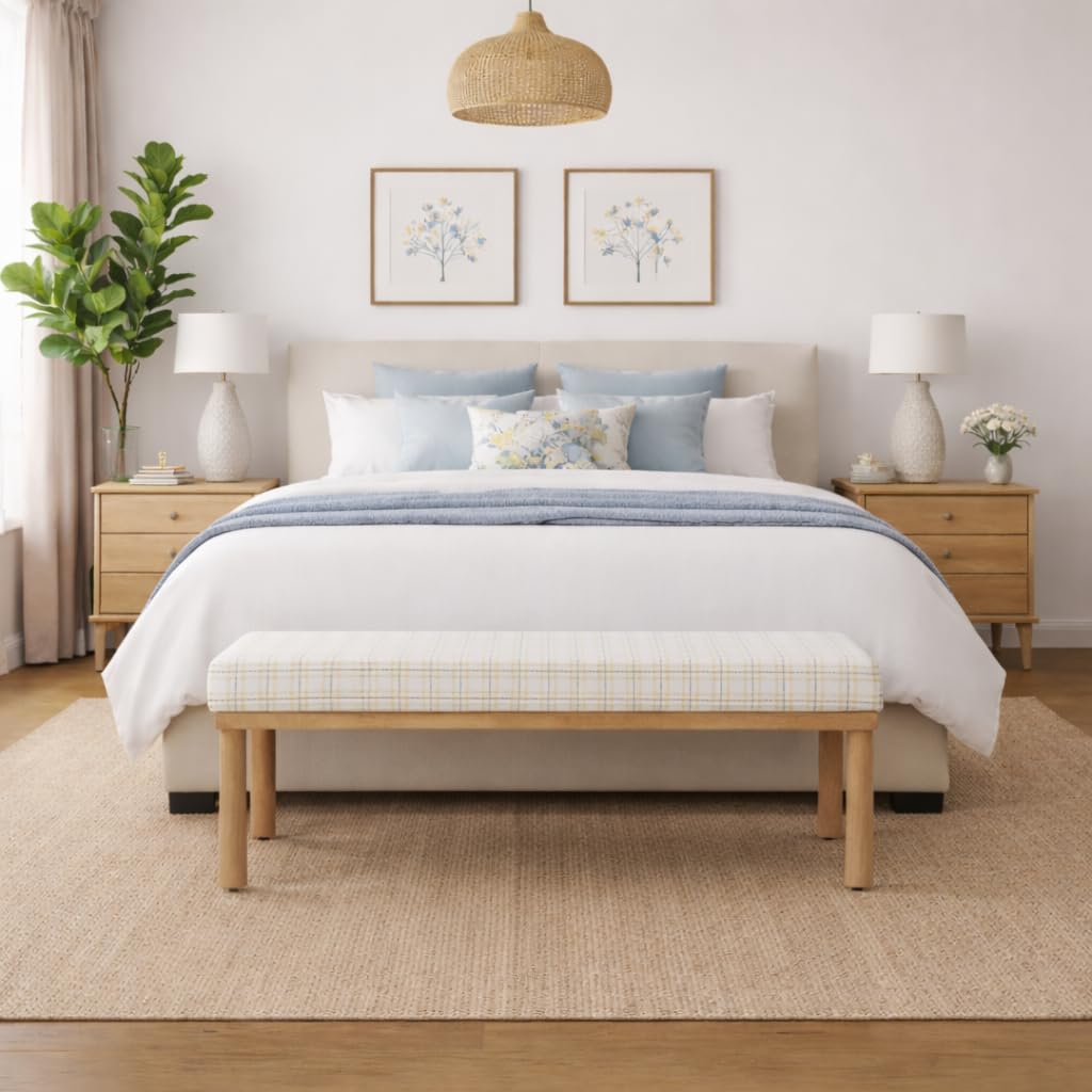 Natural Plaid Woven Fabric Bench F523