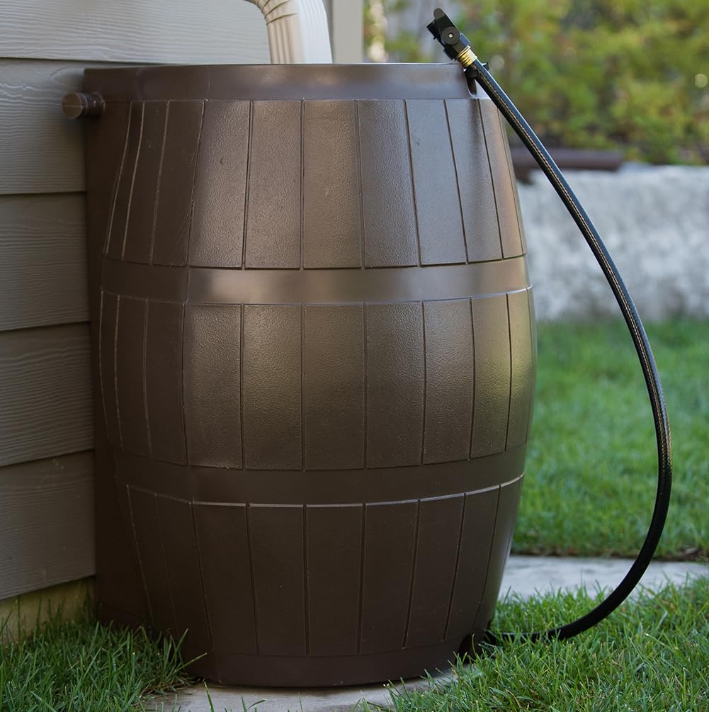 Brown 50 Gallon Flat-Back Rain Barrel with Spigots P360
