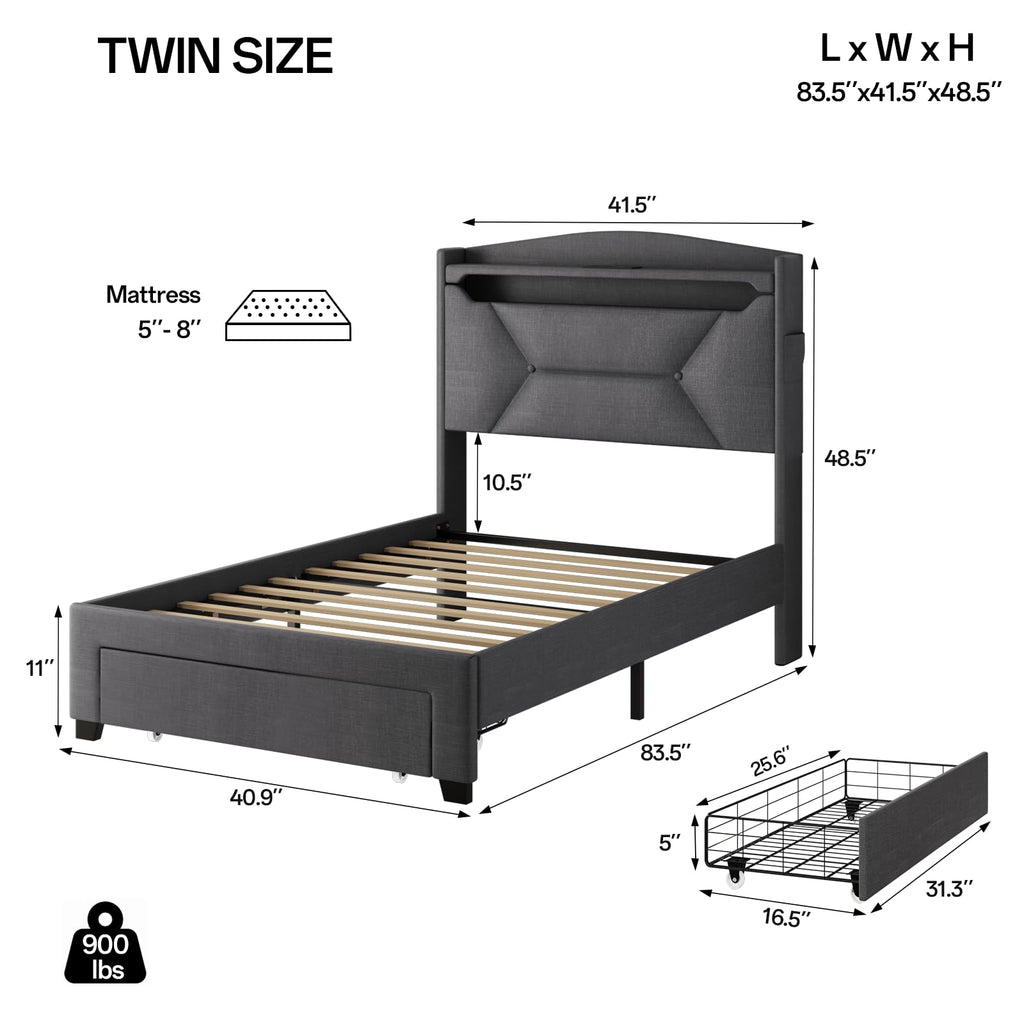 Twin Size Upholstered Bed Frame with Storage Headboard and Drawers Z698006