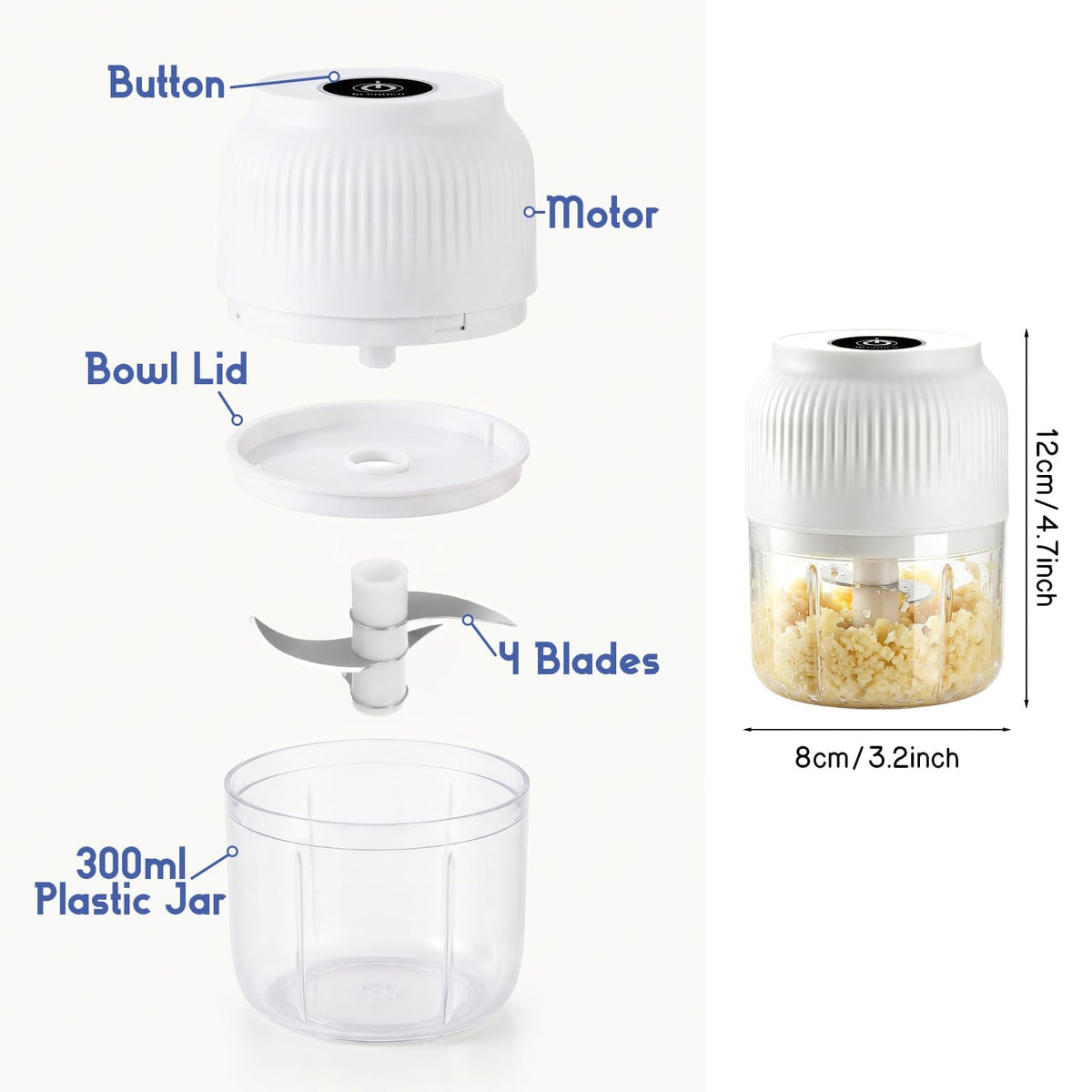 Electric Garlic Chopper, Mini Food Processor, Portable Cordless Garlic Mincer with 4 Stainless Steel Blades, Blue, 300ML Y677
