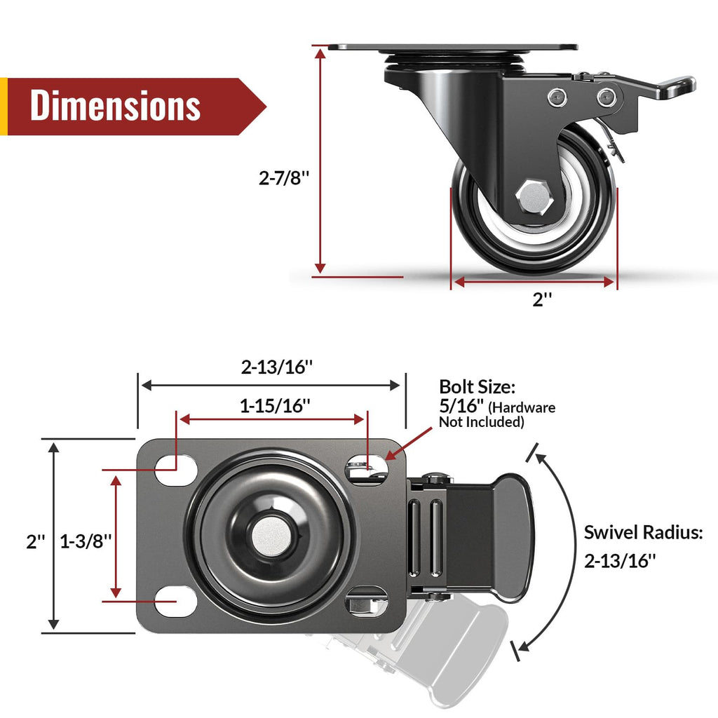 2 Inch Heavy Duty PU Caster Wheels, Set of 4 V215