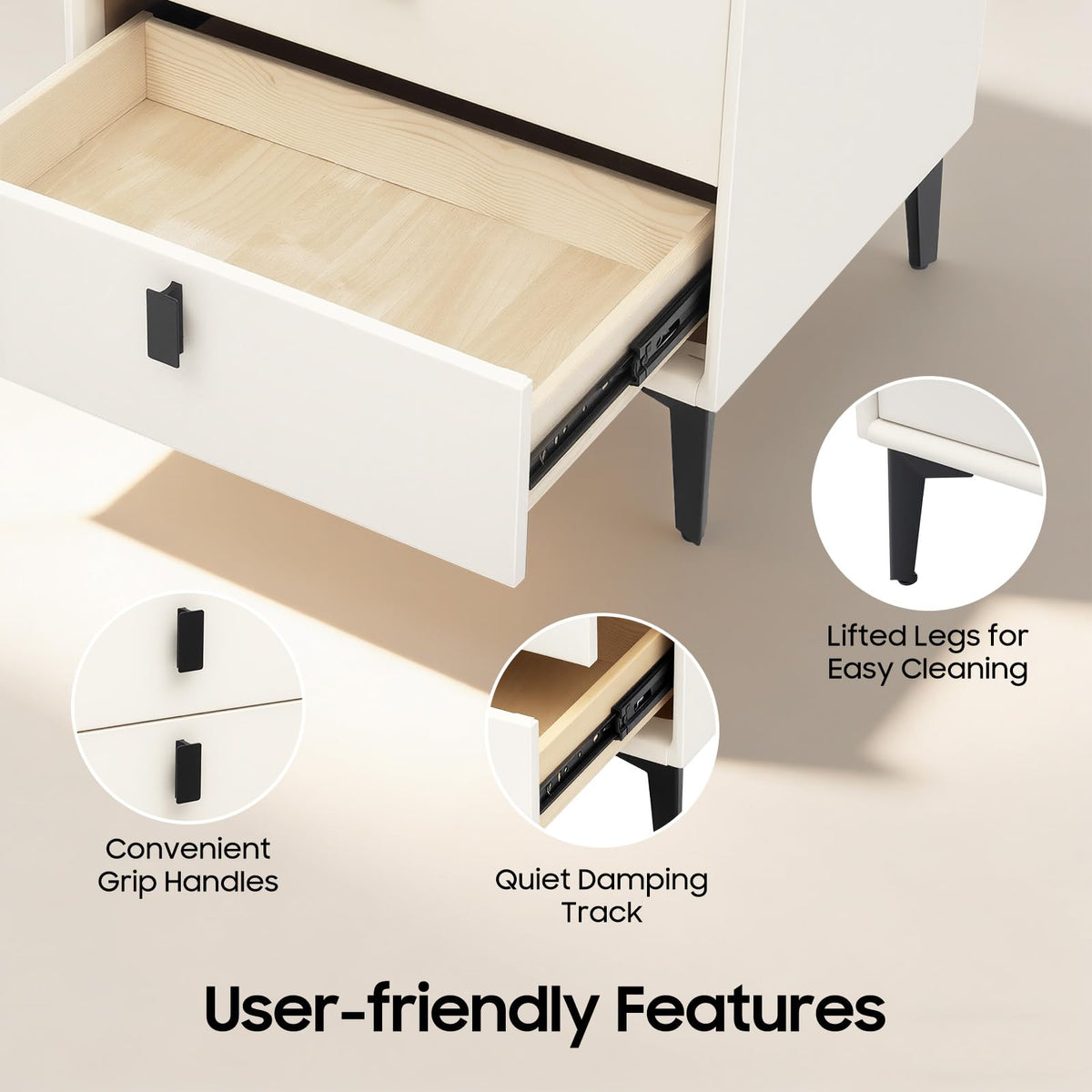 Beige White 3 Drawer Nightstand with Wireless Charging V802696