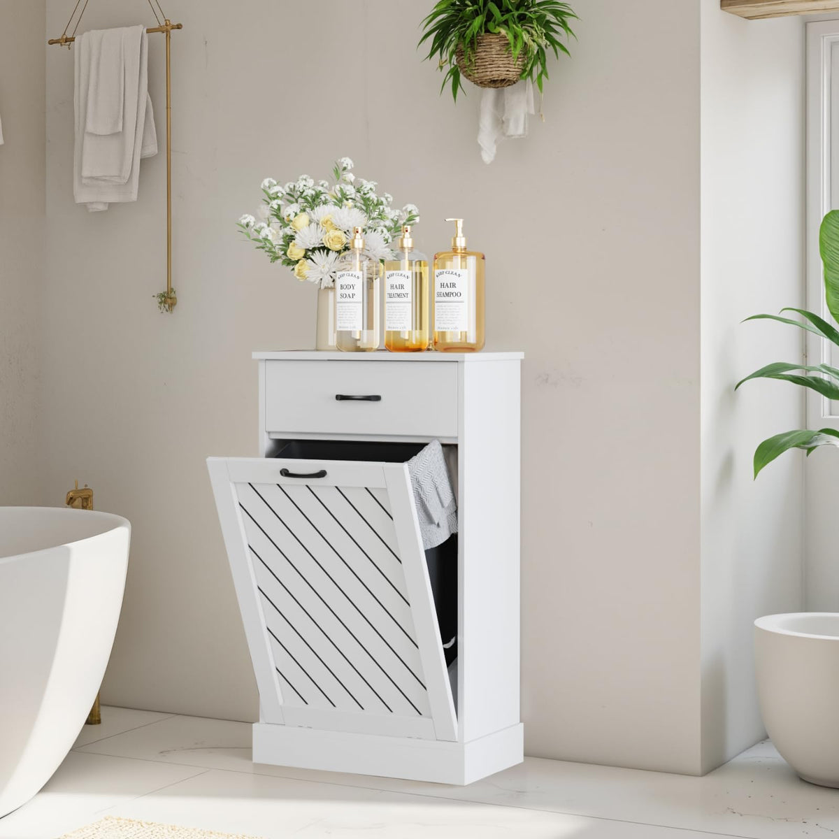 White 13 Gallon Tilt Out Wooden Trash Can Cabinet with Drawer Y895255