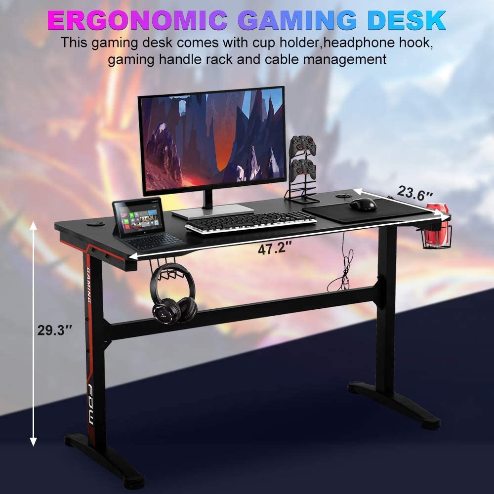 47 Inch T-Shaped Gaming Desk with Headphone Hook and Cup Holder R94628