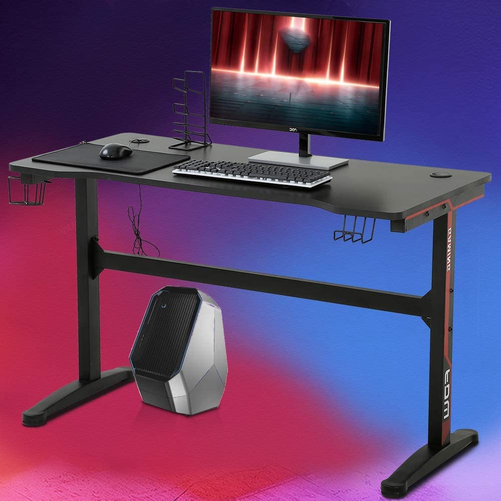 47 Inch T-Shaped Gaming Desk with Headphone Hook and Cup Holder R94628