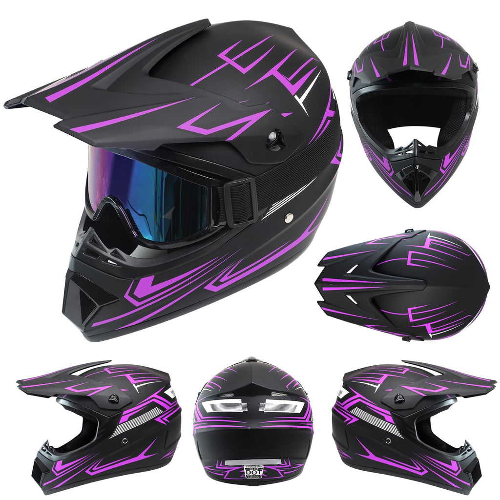 Kids Full Face Motocross Helmet 4-Pcs Set DOT Approved Purple X-Large B428