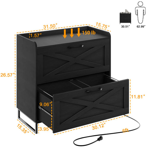 2 Drawer Black Lateral File Cabinet with Charging Station K550098