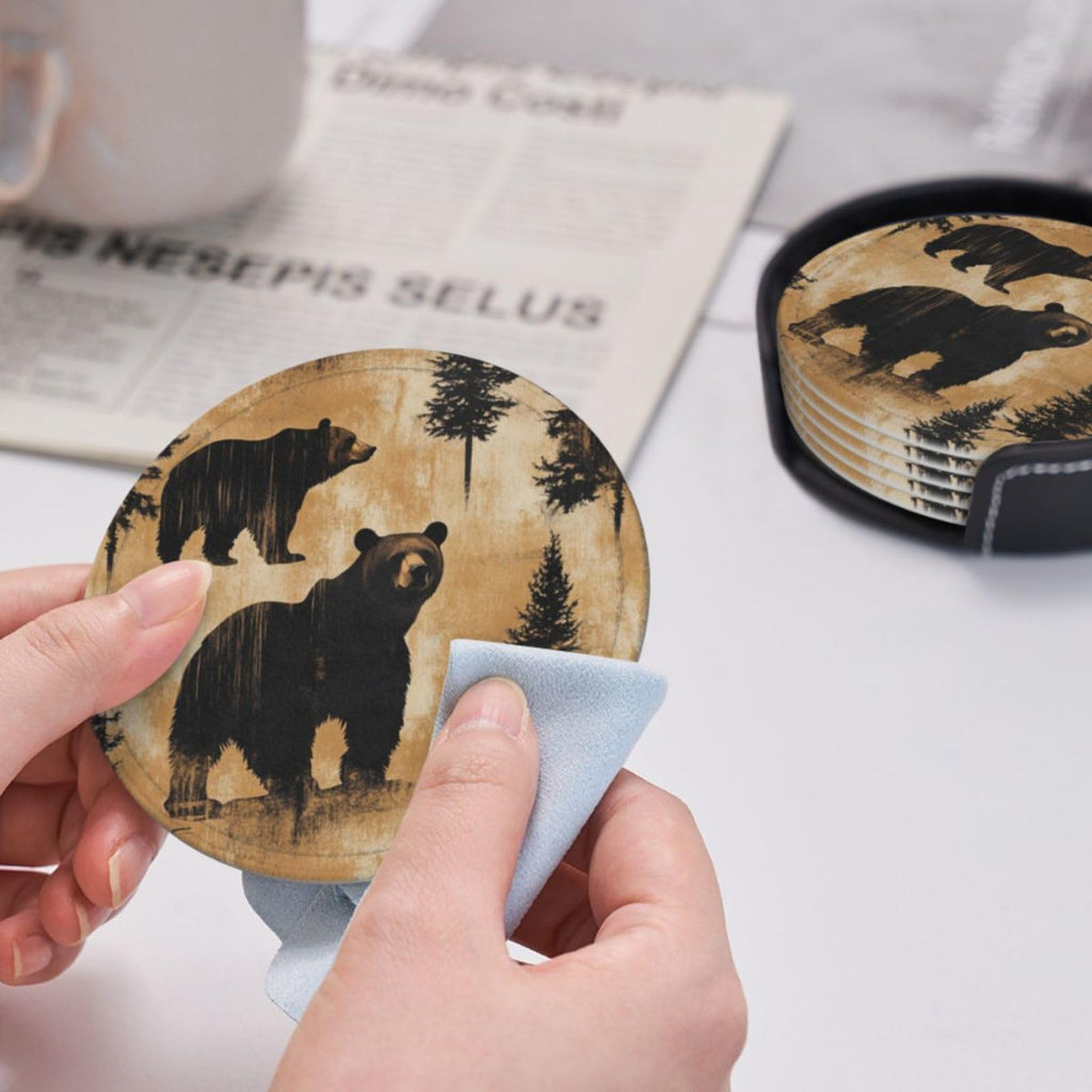 Black Leather Coasters with Holder Q737