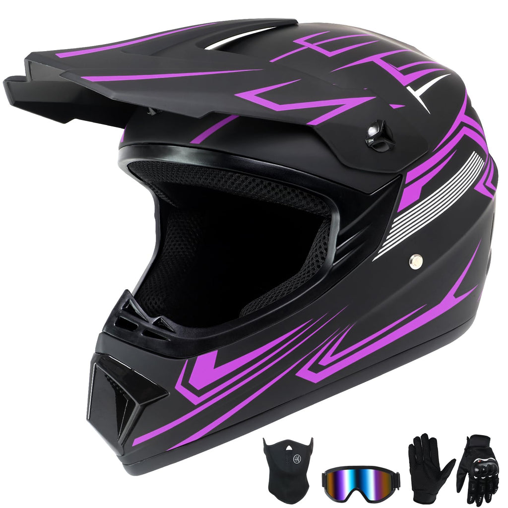 Kids Full Face Motocross Helmet 4-Pcs Set DOT Approved Purple X-Large B428