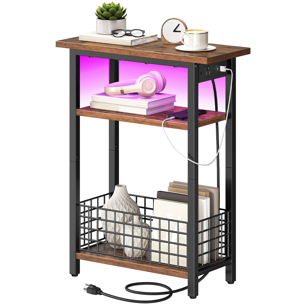 Narrow Side Table with Charging Station and LED Light X243996