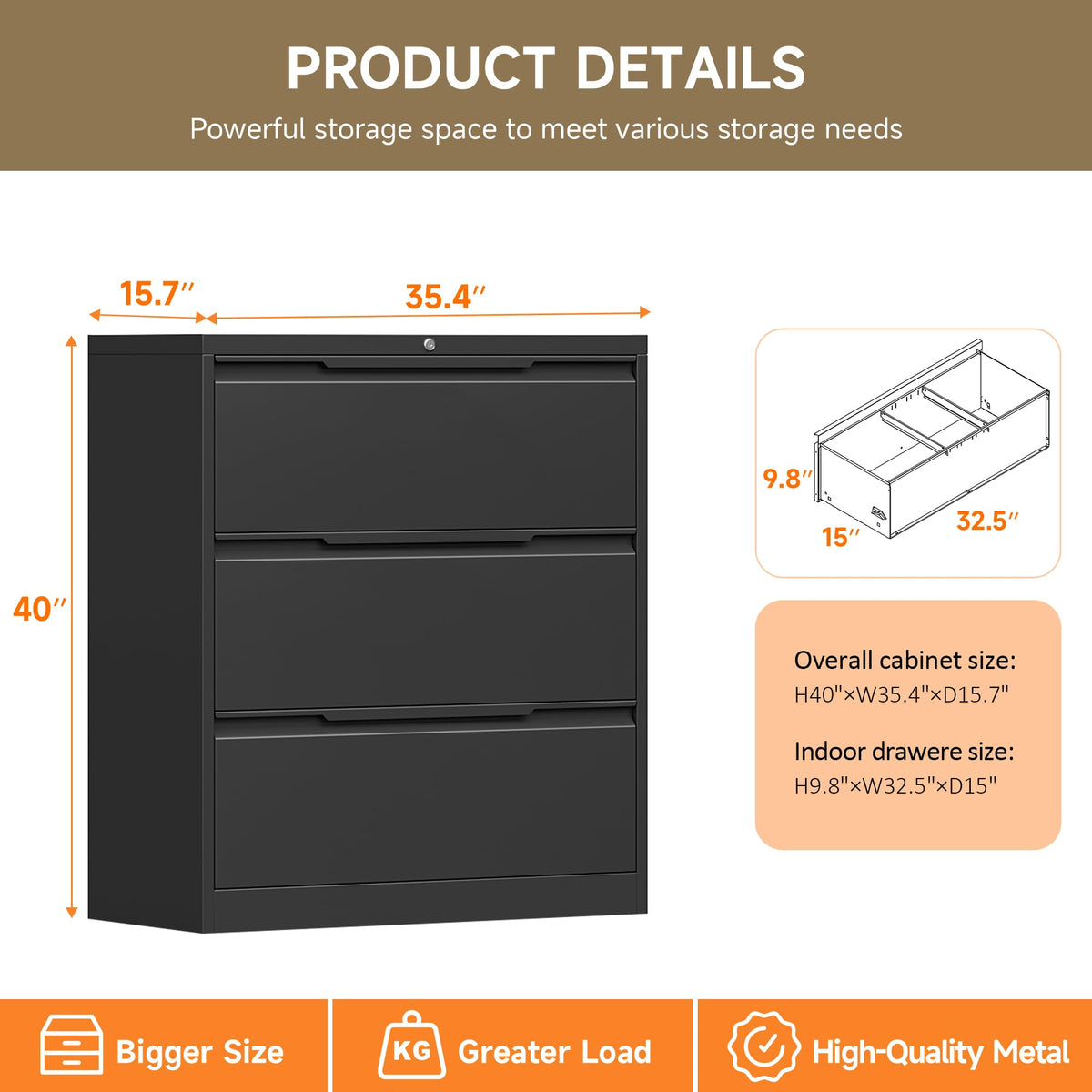 Black 3 Drawer Lockable Metal Lateral File Cabinet S192604
