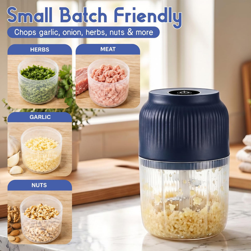 Electric Garlic Chopper, Mini Food Processor, Portable Cordless Garlic Mincer with 4 Stainless Steel Blades, Blue, 300ML Y677
