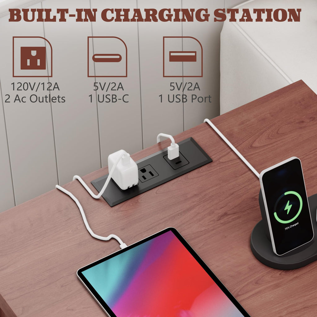 Cherry Brown 3 Drawer Nightstand with Charging Station K424