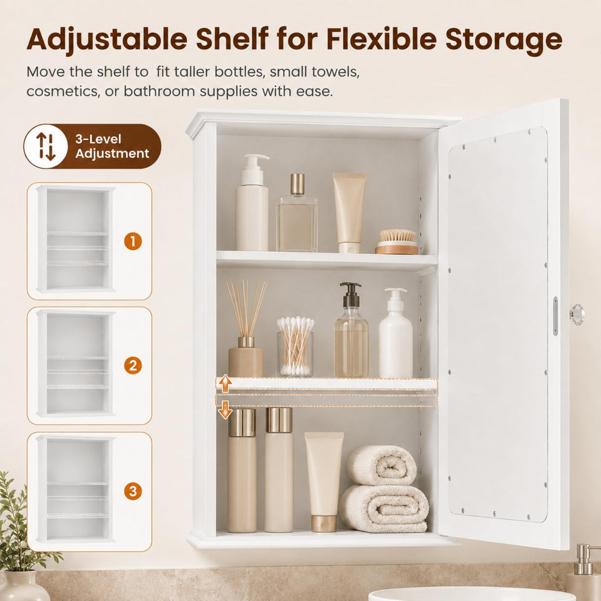 White Mirrored Medicine Cabinet with Single Door and 2 Adjustable Shelves P180009