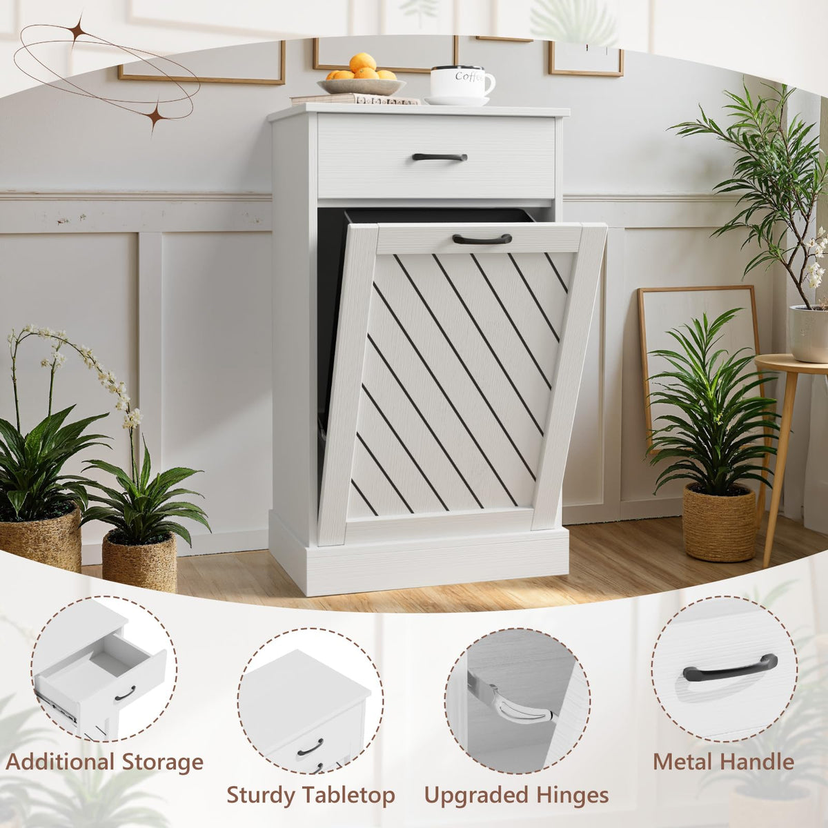 White 13 Gallon Tilt Out Wooden Trash Can Cabinet with Drawer Y895255