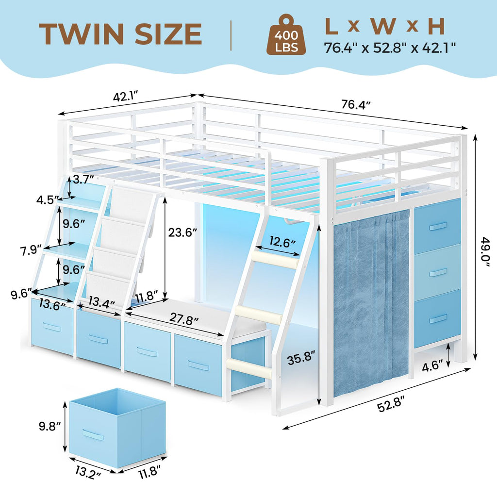 White & Blue Twin Loft Bed with 7 Storage Drawers J382