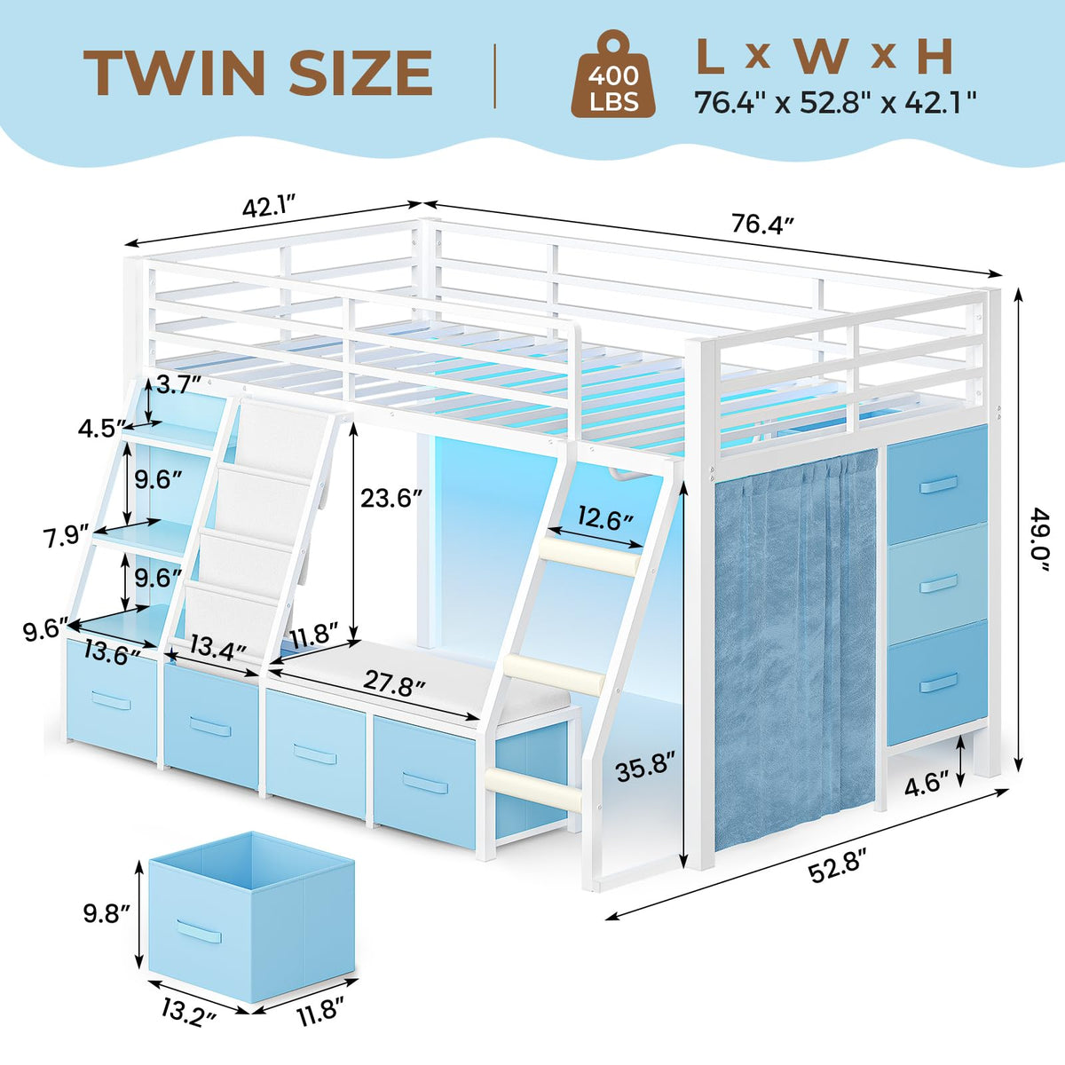 White & Blue Twin Loft Bed with 7 Storage Drawers J382