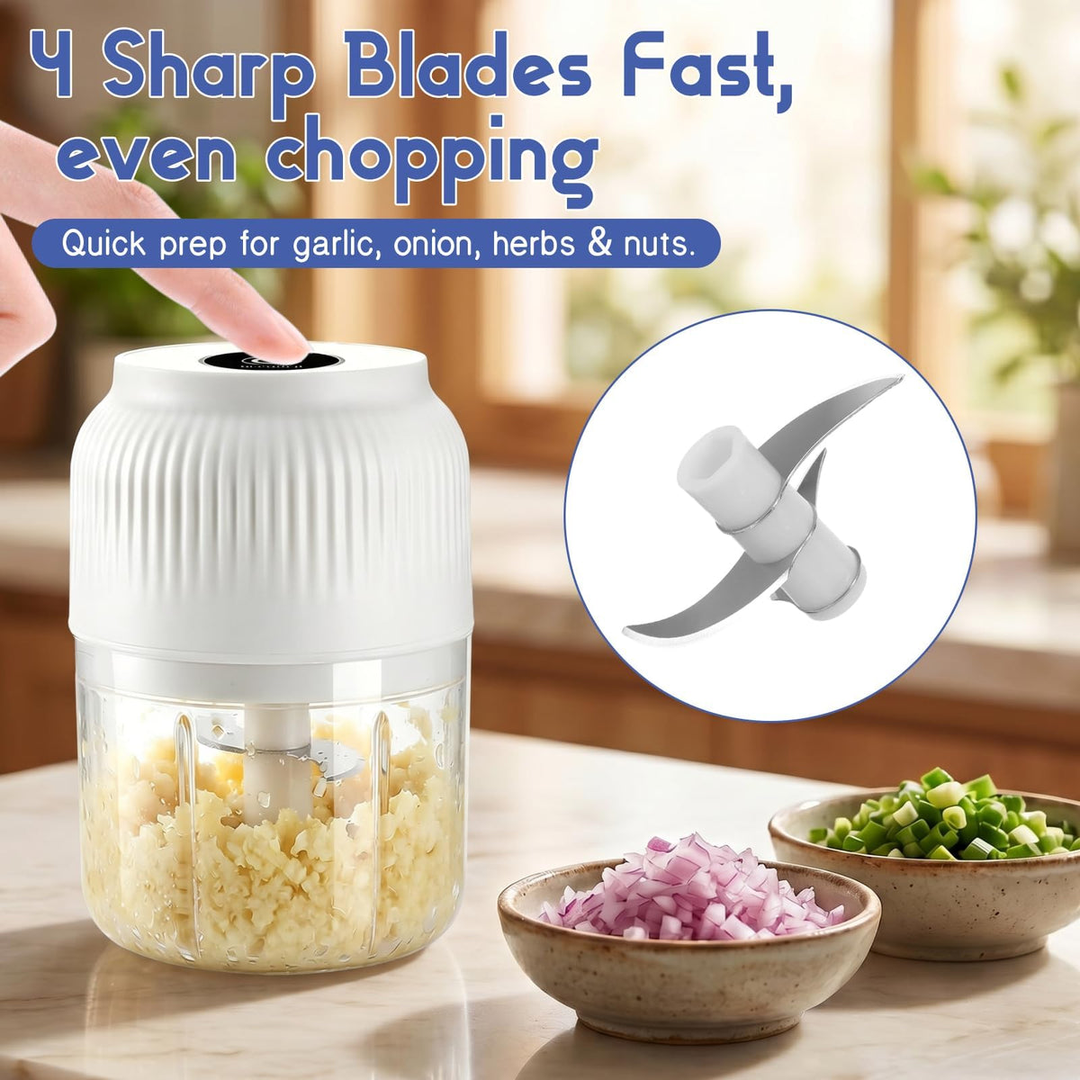 Electric Garlic Chopper, Mini Food Processor, Portable Cordless Garlic Mincer with 4 Stainless Steel Blades, Blue, 300ML Y677