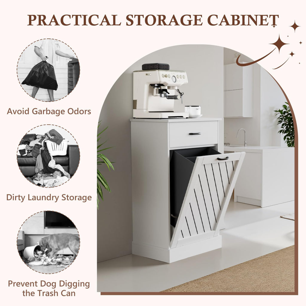 White 13 Gallon Tilt Out Wooden Trash Can Cabinet with Drawer Y895255