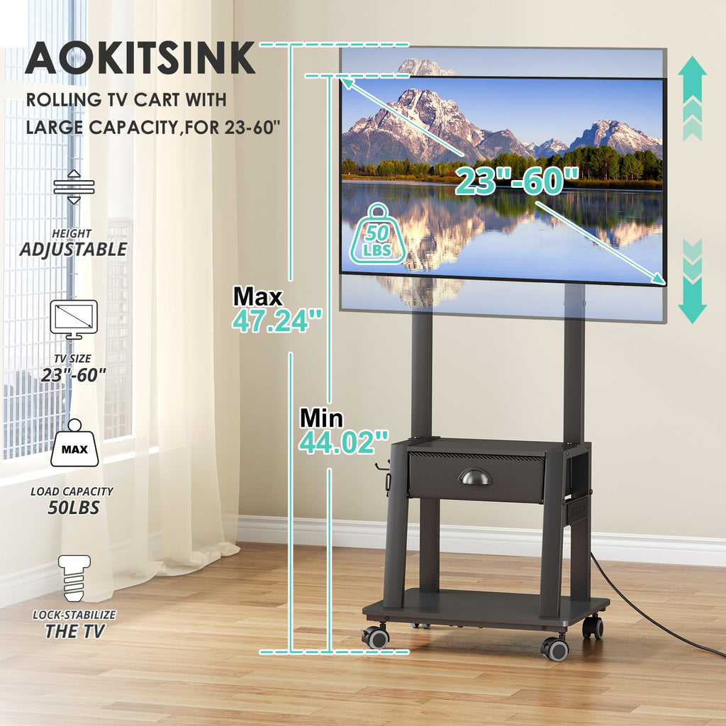 Rolling TV Stand with Power Outlet, Adjustable Height, for 23-60 inch Screens T11744