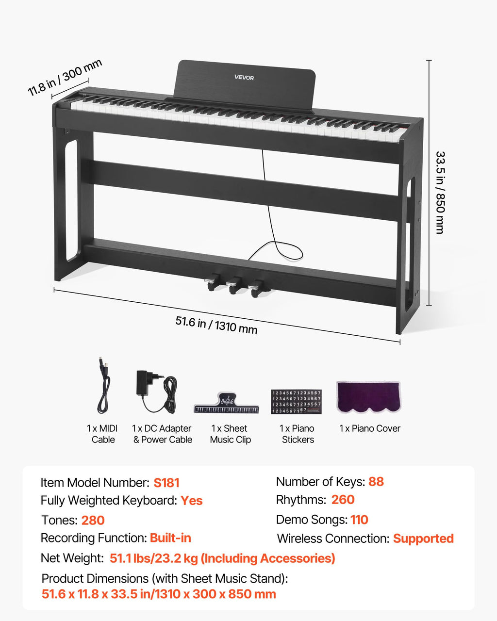 88 Keys Weighted Digital Piano with Furniture Stand and Triple Pedal, Black M262