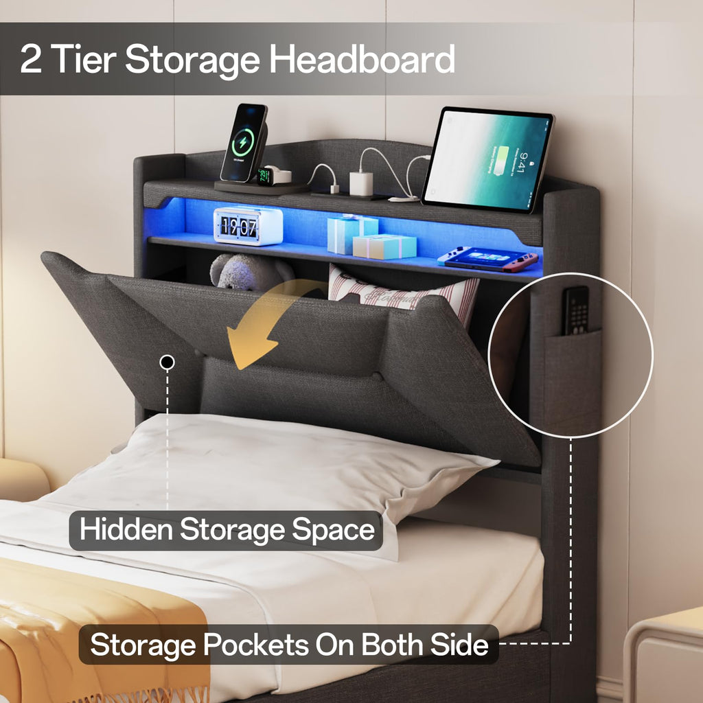 Twin Size Upholstered Bed Frame with Storage Headboard and Drawers Z698006