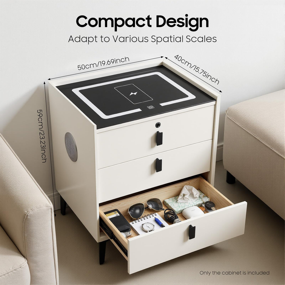 Beige White 3 Drawer Nightstand with Wireless Charging V802696
