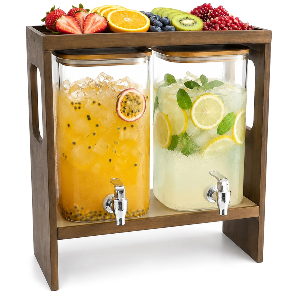 2 PCS 1.2 Gallon Glass Drink Dispenser with Stand and Serving Tray T4056