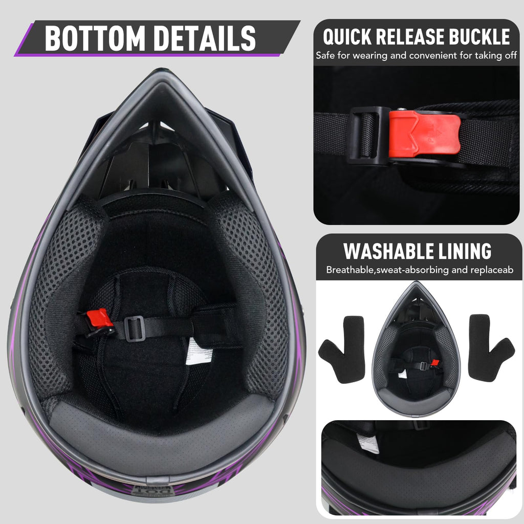 Kids Full Face Motocross Helmet 4-Pcs Set DOT Approved Purple X-Large B428