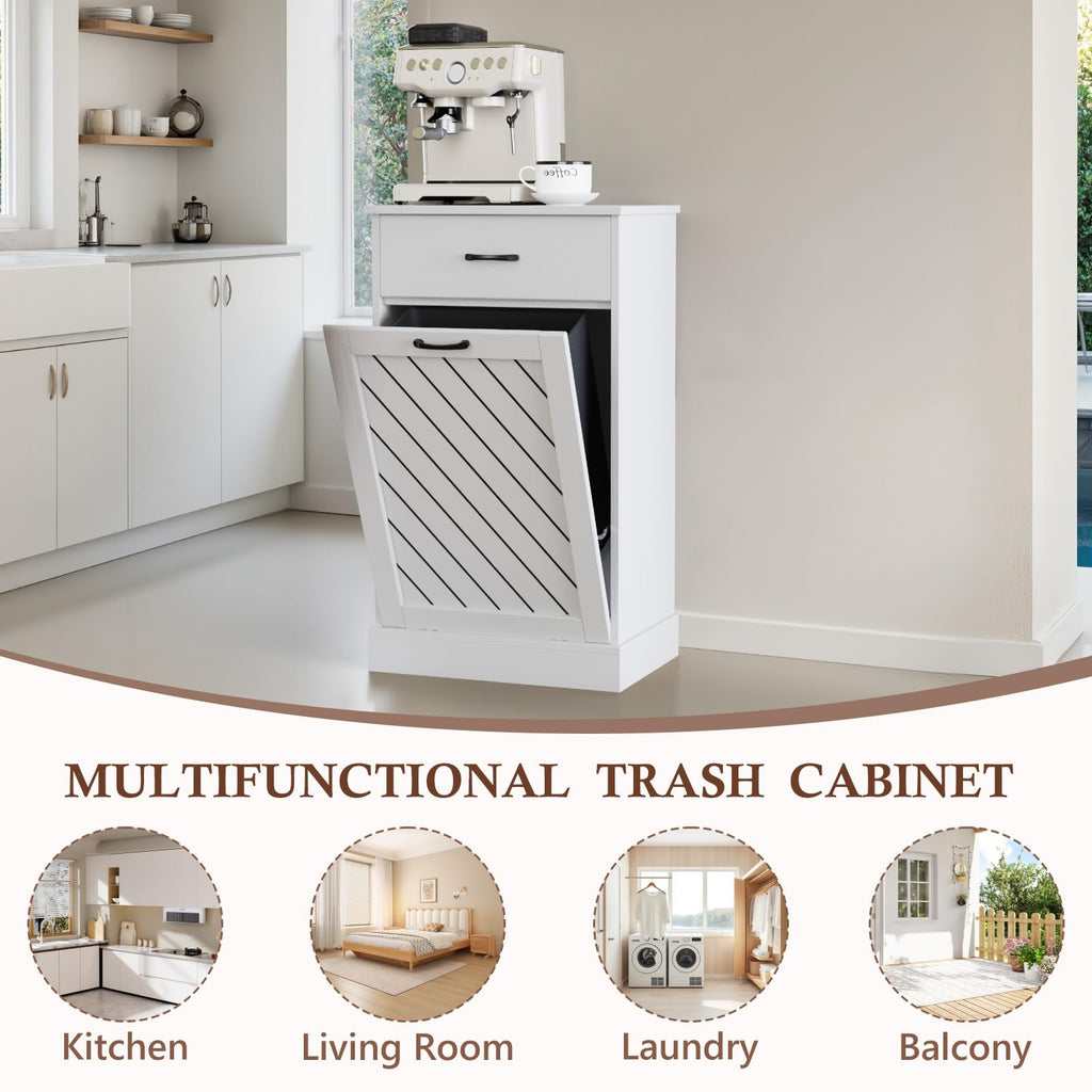 White 13 Gallon Tilt Out Wooden Trash Can Cabinet with Drawer Y895255