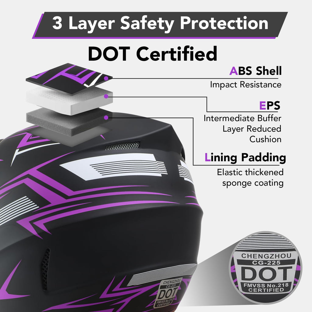 Kids Full Face Motocross Helmet 4-Pcs Set DOT Approved Purple X-Large B428