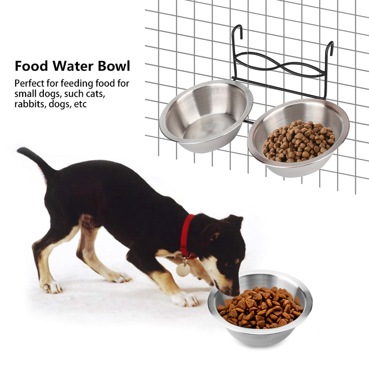 Stainless Steel Hanging Pet Bowls, 2 Bowls 1 Hook E8219