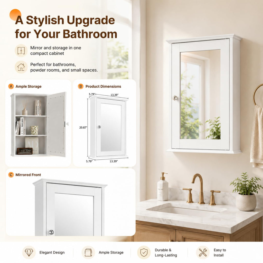 White Mirrored Medicine Cabinet with Single Door and 2 Adjustable Shelves P180009