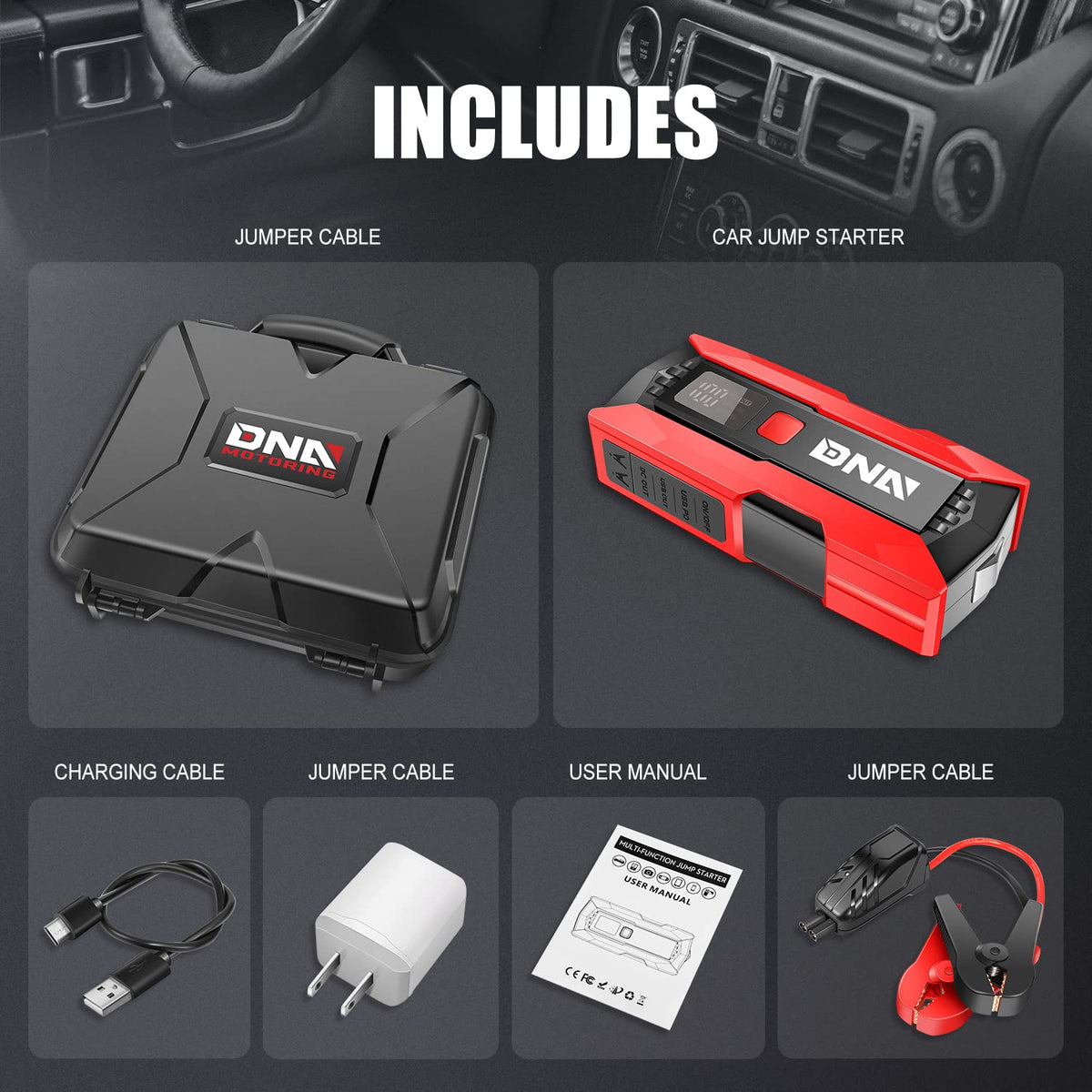12V 2000A Peak Portable Car Battery Jump Starter with Carry Case W941
