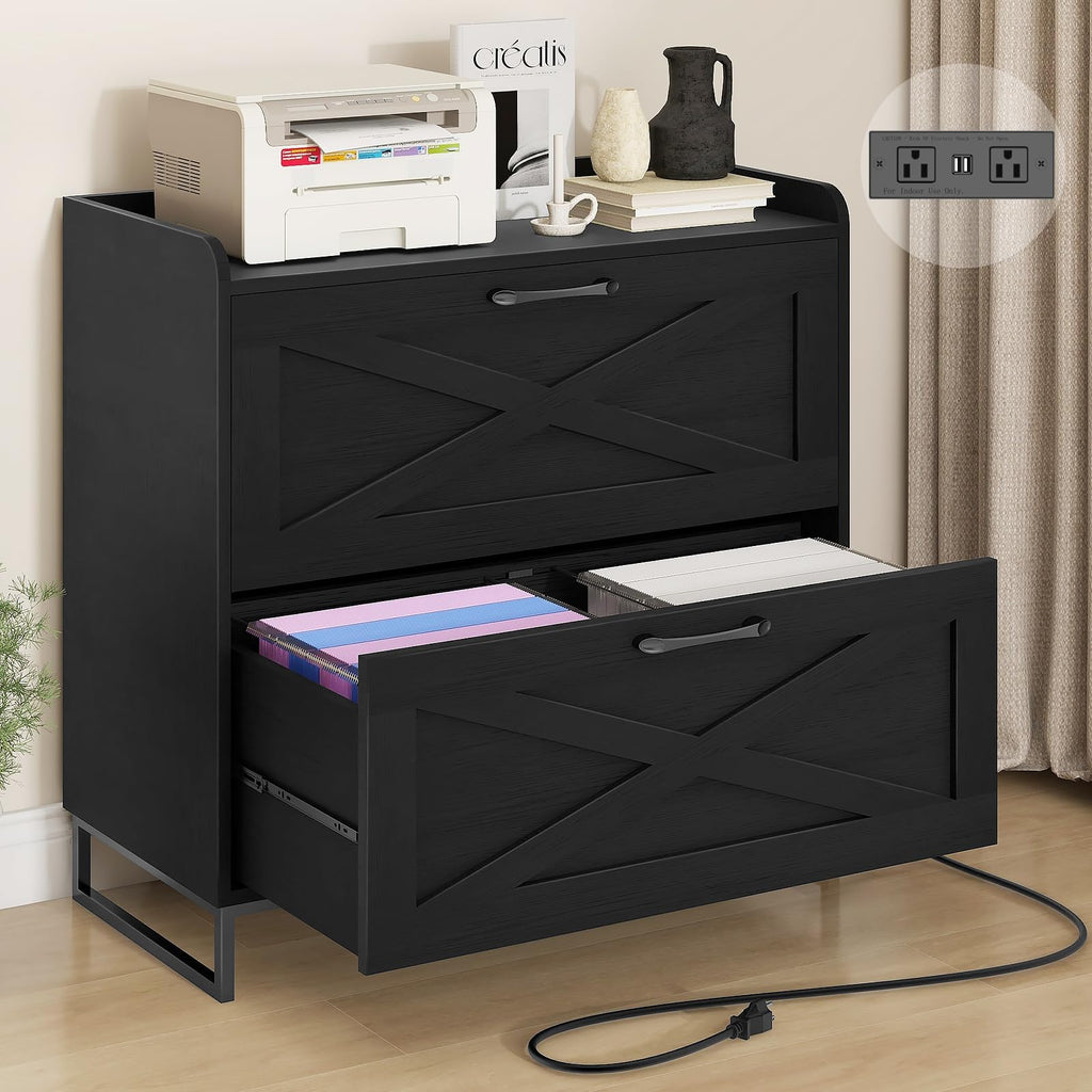 2 Drawer Black Lateral File Cabinet with Charging Station K550098