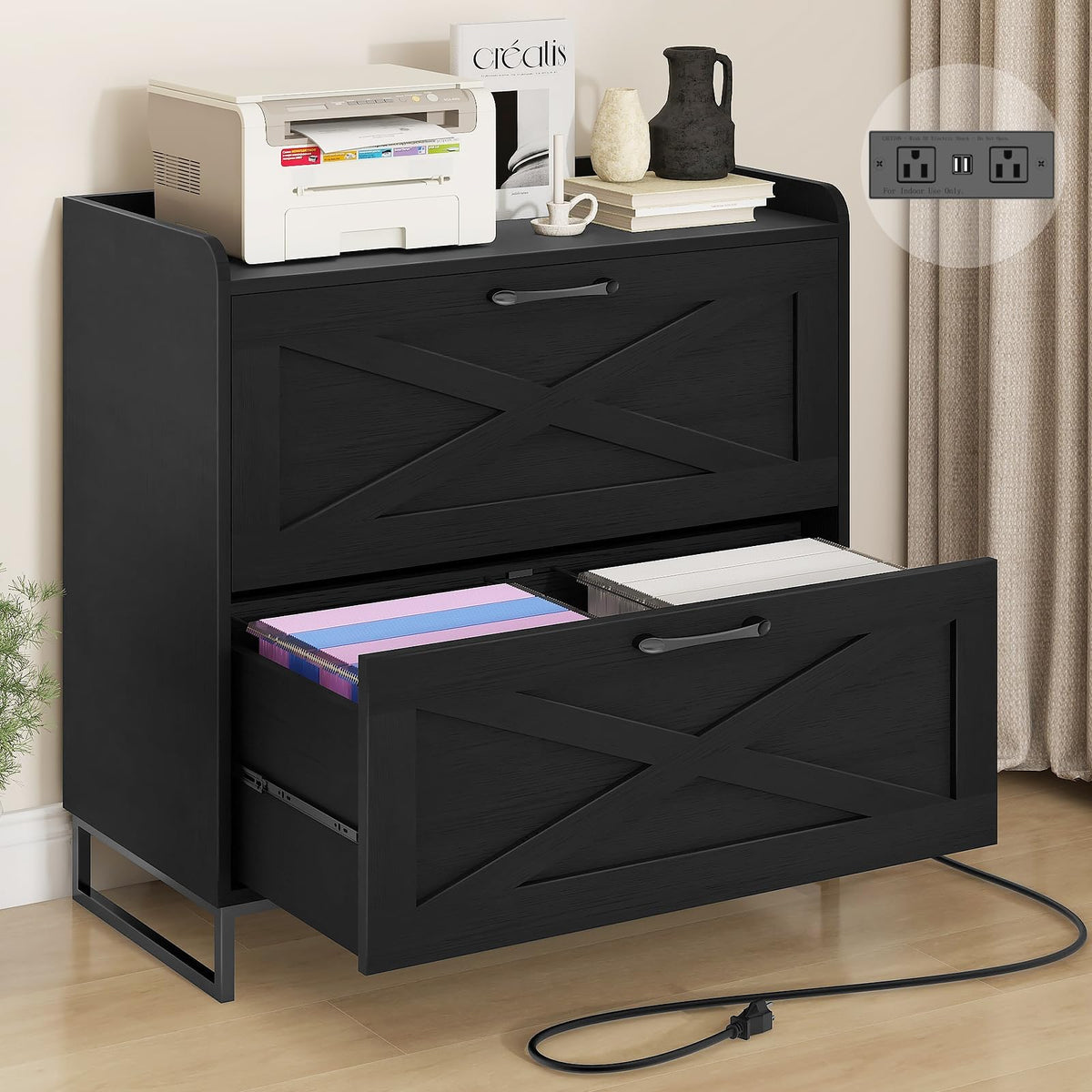 2 Drawer Black Lateral File Cabinet with Charging Station K550098