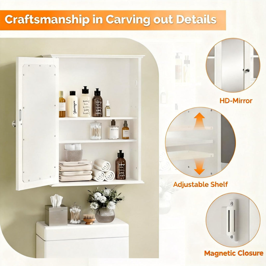 White Mirrored Medicine Cabinet with Single Door and 2 Adjustable Shelves P180009