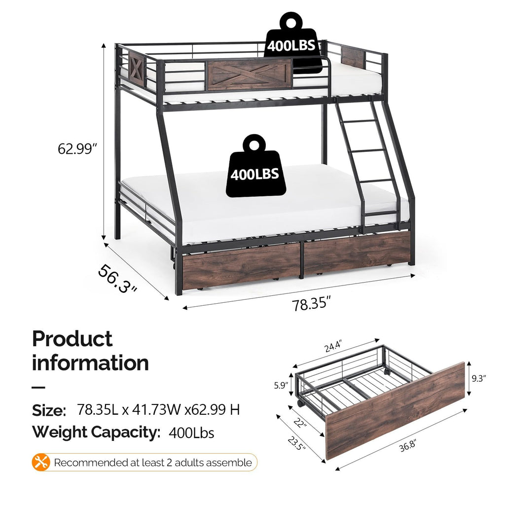Twin Over Full Metal Bunk Bed with 2 Storage Drawers X4734